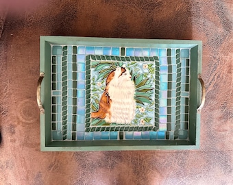 Handmade Mosaic Tray - Golden Brown and White Cat  - 11" x 15"