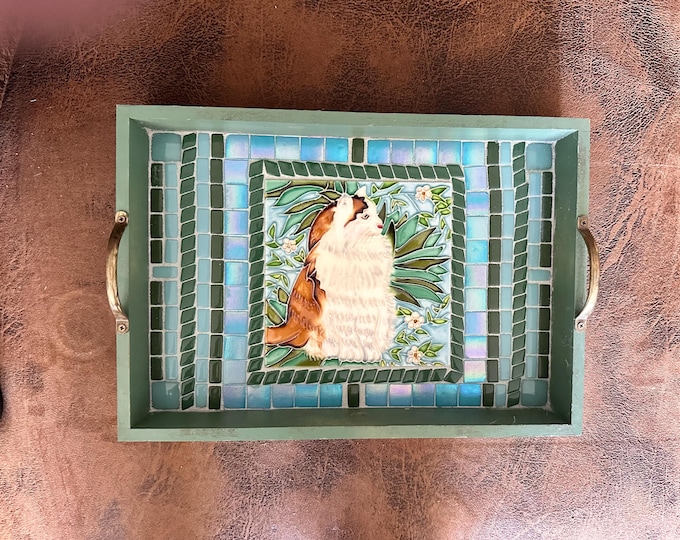Handmade Mosaic Tray - Golden Brown and White Cat  - 11" x 15"