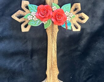 Hand-Carved Wood Cross with Red Roses