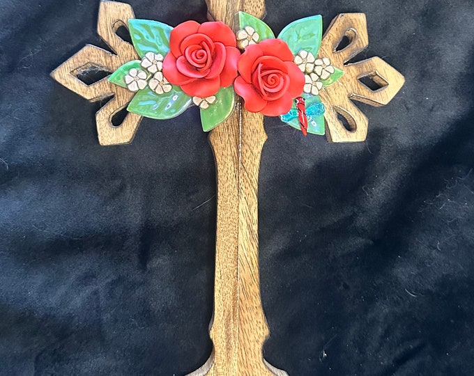 Hand-Carved Wood Cross with Red Roses