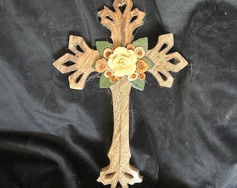 Hand-Carved Wood Cross - Ivory Rose