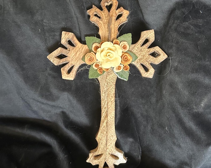 Hand-Carved Wood Cross - Ivory Rose