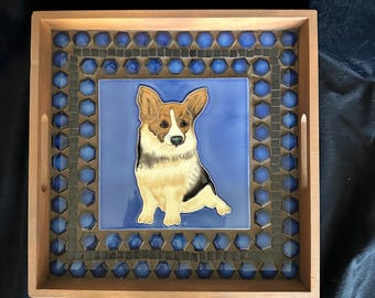Handmade Mosaic Tray - Sitting Corgi - 6" x 6"