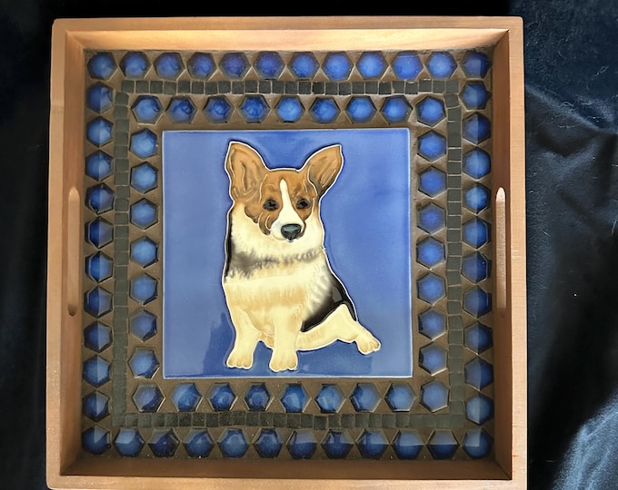 Handmade Mosaic Tray - Sitting Corgi - 6" x 6"