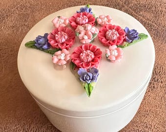 Ceramic Bisque 3-Inch Trinket Dish with Dark Pink, Purple, & Pale Pink Flowers