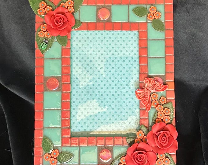 Mosaic Picture Frame - Scarlet Roses on Turquoise
