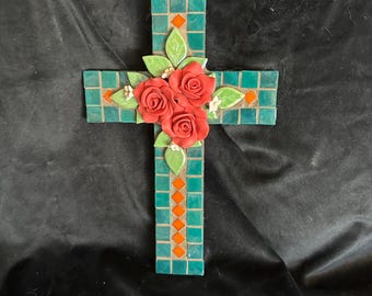 Dark Green and Red Mosaic Cross - Red Roses