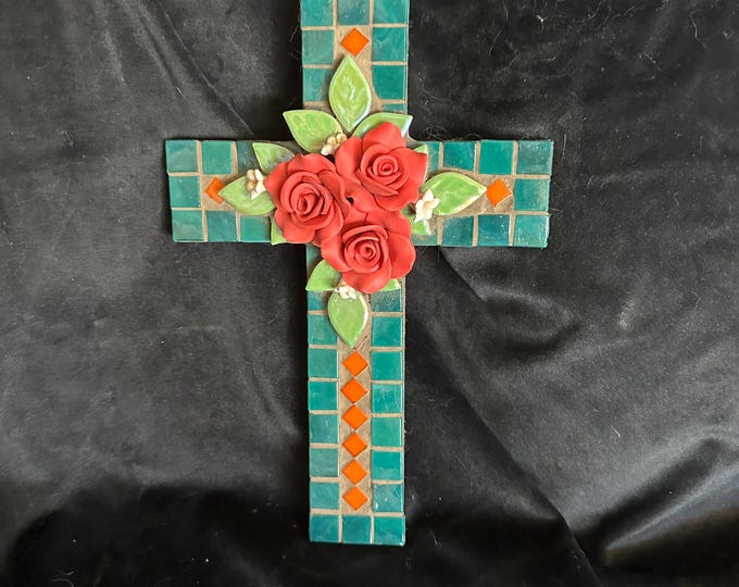 Dark Green and Red Mosaic Cross - Red Roses