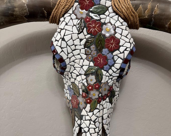 Mosaic Longhorn Steer Skull - Sacred Flowers - 47" Horn Spread