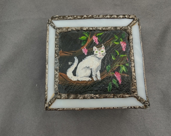 Stained Glass Box - White Cat on Slate with Flowers