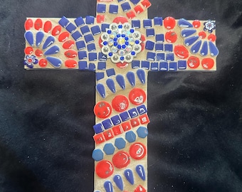 Blue and Red Mosaic Cross with Concho