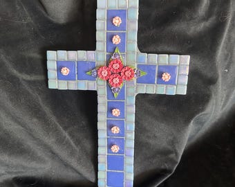 Pretty Mosaic Cross - Blue with Pink Ceramic Flowers