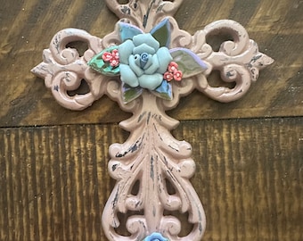 White Cross with Porcelain Roses - Dusty Pink