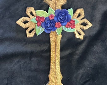 Garden Blessings Hand-Carved Cross - Blue Rose