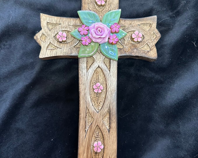 Handcrafted Wooden Cross with Pink Flowers