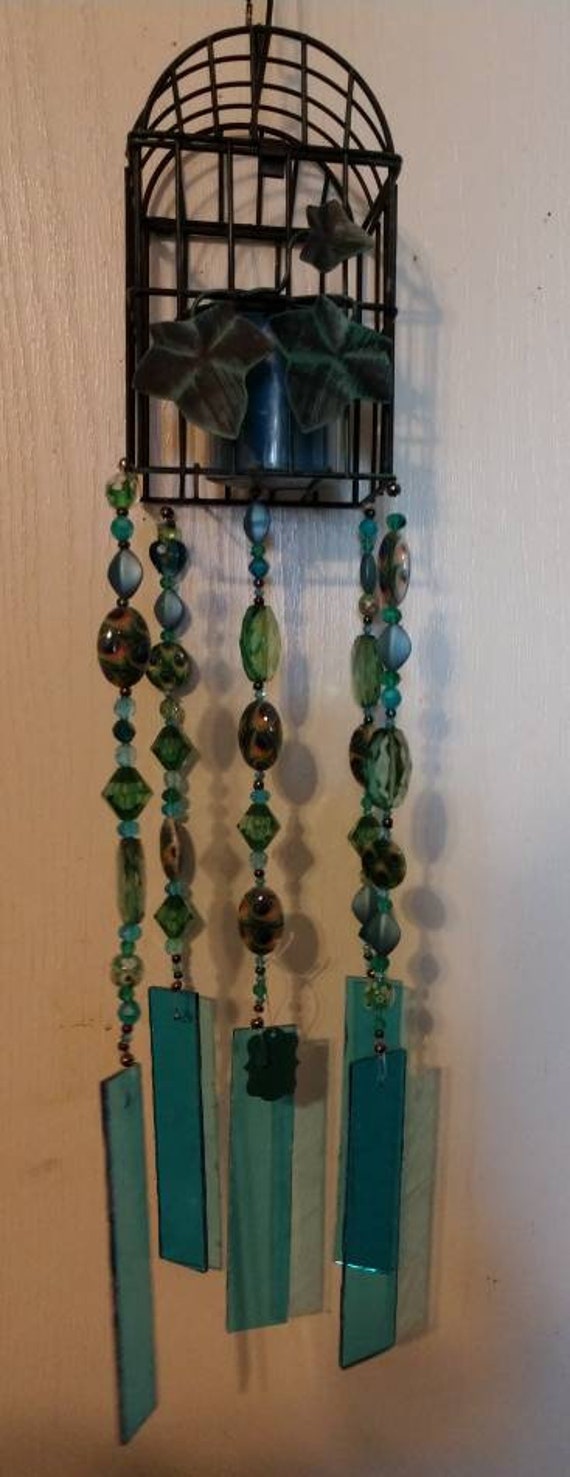 Bird Cage Stained Glass Wind Chime with LED Candle