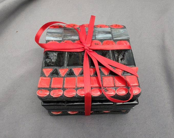 Handemade Mosaid Coasters - Set of 4 - Black, Red, & Gray