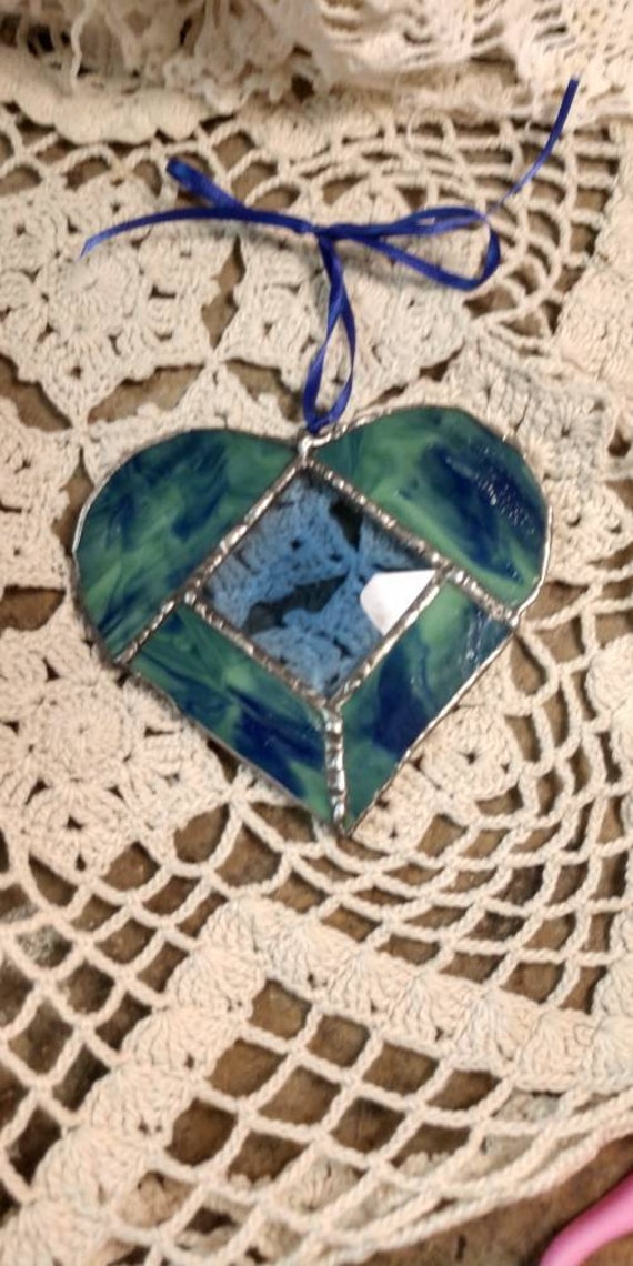 Stained Glass Heart Green and Blue