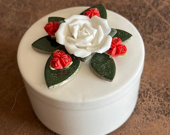 Ceramic Bisque 3-Inch Trinket Dish with White Rose & Red Blossoms