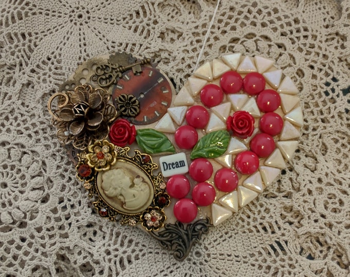 Beautiful 5-Inch Mosaic/Mixed Media Cross: Cameo and Roses