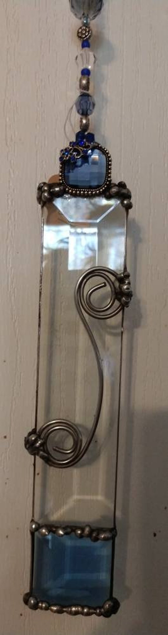 Beautiful Blue Floral Beveled Glass Suncatcher