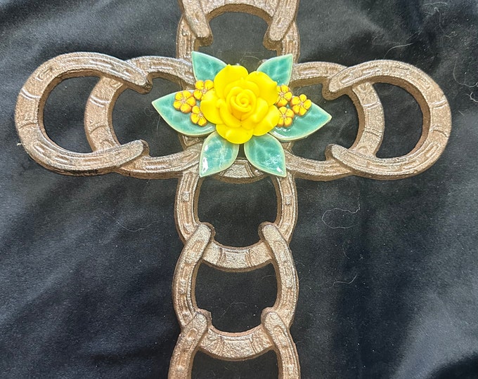 Cast Iron Horseshoe Cross - Yellow Rose