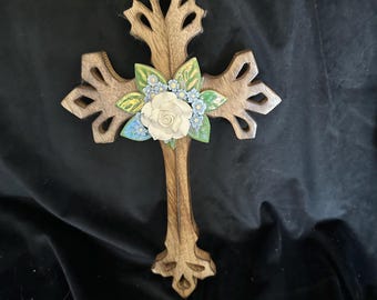Wood Cross with White Rose