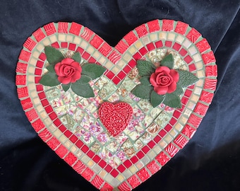 Scarlet Red Broken China  Heart with Roses