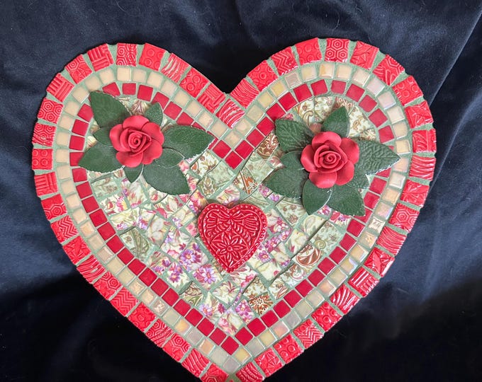 Scarlet Red Broken China  Heart with Roses