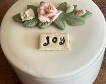 Ceramic Bisque 3-Inch Trinket Dish JOY with Apricot RosePink Roses