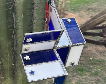 Beautiful Handmade Stained Glass Spinner - Blue & White Stars