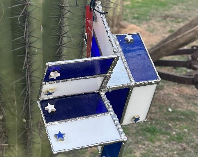 Beautiful Handmade Stained Glass Spinner - Blue & White Stars