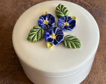 Ceramic Bisque 3-Inch Trinket Dish with Purple Flowers