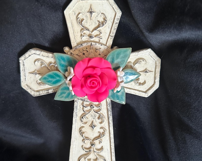White Ceramic Cross with Magenta Rose, Pink Blossoms & Green Leaves