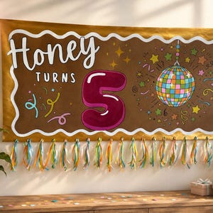 May include: A rectangular brown banner with a white scalloped border featuring the text Honey Turns 5 in white and dark pink. The design includes a colourful disco ball, yellow stars, and confetti. A row of multicoloured ribbons hangs from the bottom.