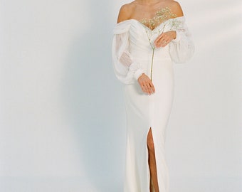 Ravello Gown - Pleated tulle off the shoulder crepe wedding dress with split and train. Volume sleeves