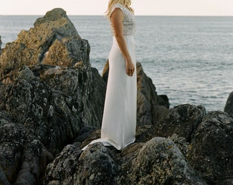 Ivory satin slip bridal skirt - bias cut with a puddle train and dancing loop