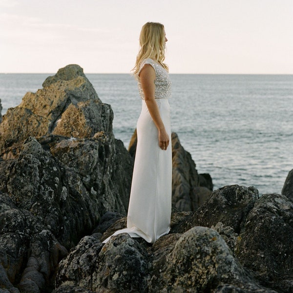 Ivory satin slip bridal skirt - bias cut with a puddle train and dancing loop