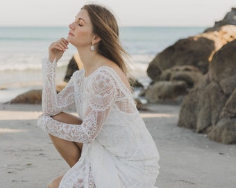 Antique Gown - Lace low back wedding gown with long sleeves and train