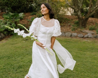 Melody Dress - Lace trim silk organza puffy sleeve wedding dress