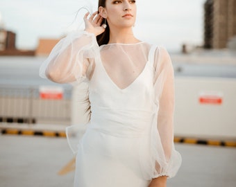 Sheer silk Organza Wrap Top with volume bishop sleeves. Modern Bridal Top