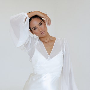 Silk crinkle bridal topper with volume sleeve and pearl button closure image 1