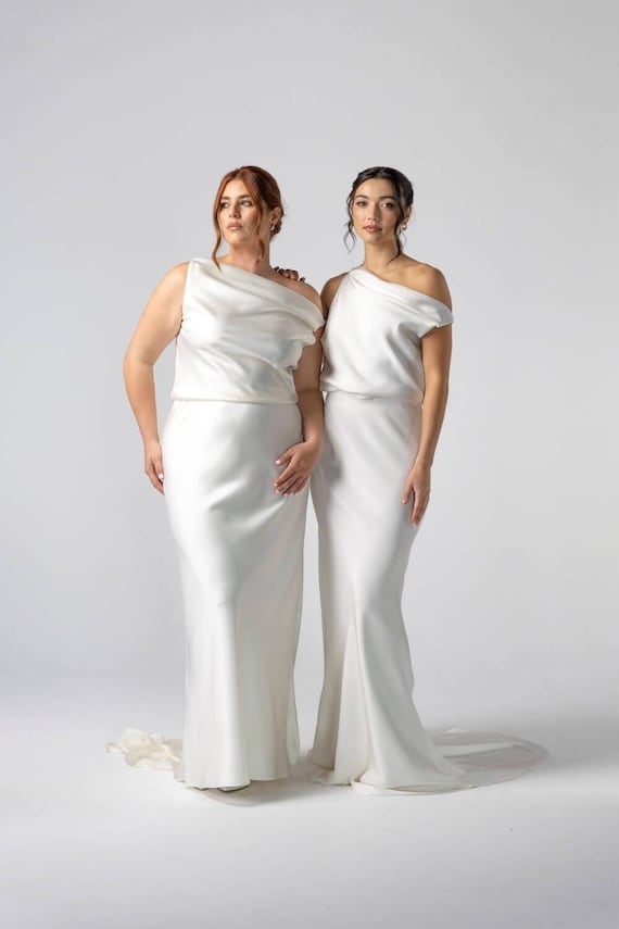 asymmetrical top wedding dress Asymmetrical Illusion Sleeve Wedding Gown  HAREM's Brides