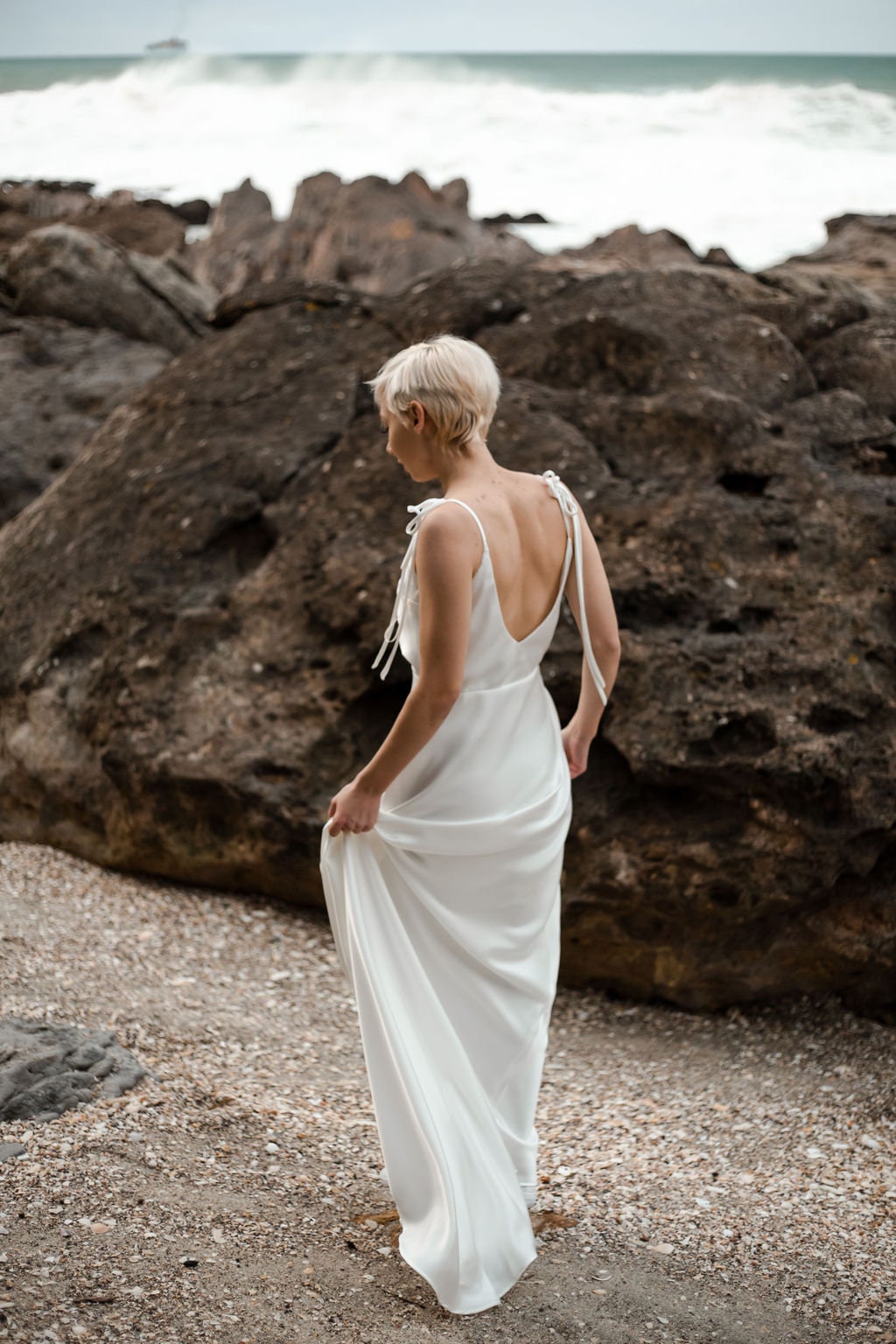 Elegant bias cut wedding dress, satin slip dress, minimalist wedding dress, spaghetti strap dress, white long dress, simple wedding dress