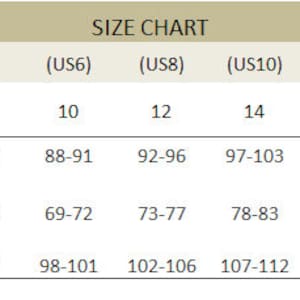 May include: A beige size chart displays women's clothing sizes.  Columns show US sizes (2-16), NZ/AU/UK sizes (6-20), and measurements in centimeters for bust, waist, and hip.  The chart provides a detailed size guide for selecting appropriate apparel.  Measurements are given as ranges for each size.  The header clearly states 'SIZE CHART'.