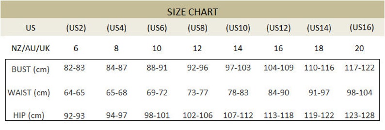 May include: A beige size chart displays women's clothing sizes.  Columns show US sizes (2-16), NZ/AU/UK sizes (6-20), and measurements in centimeters for bust, waist, and hip.  The chart provides a detailed size guide for selecting appropriate apparel.  Measurements are given as ranges for each size.  The header clearly states 'SIZE CHART'.
