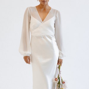 Silk crinkle bridal topper with volume sleeve and pearl button closure image 3