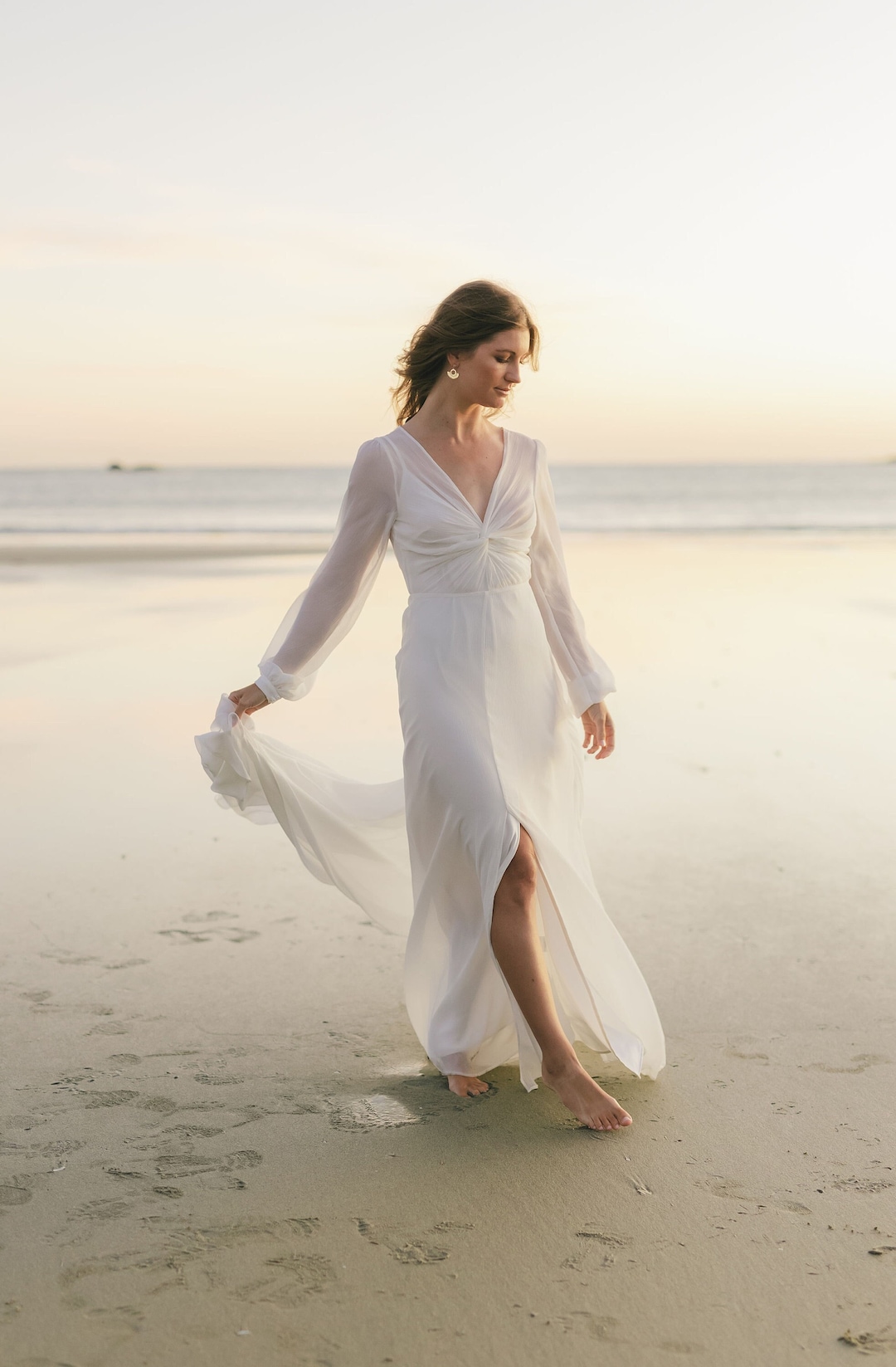 Soleil Gown Sheer Crinkle Silk Aline Wedding Dress With Split and Long Volume Sheer