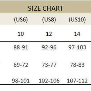 May include: A size chart for women's clothing with measurements in centimeters for bust, waist, and hip. The chart shows sizes US 2 through 16, with corresponding UK and Australian sizes. The chart is labeled 'SIZE CHART' and is displayed on a beige background.