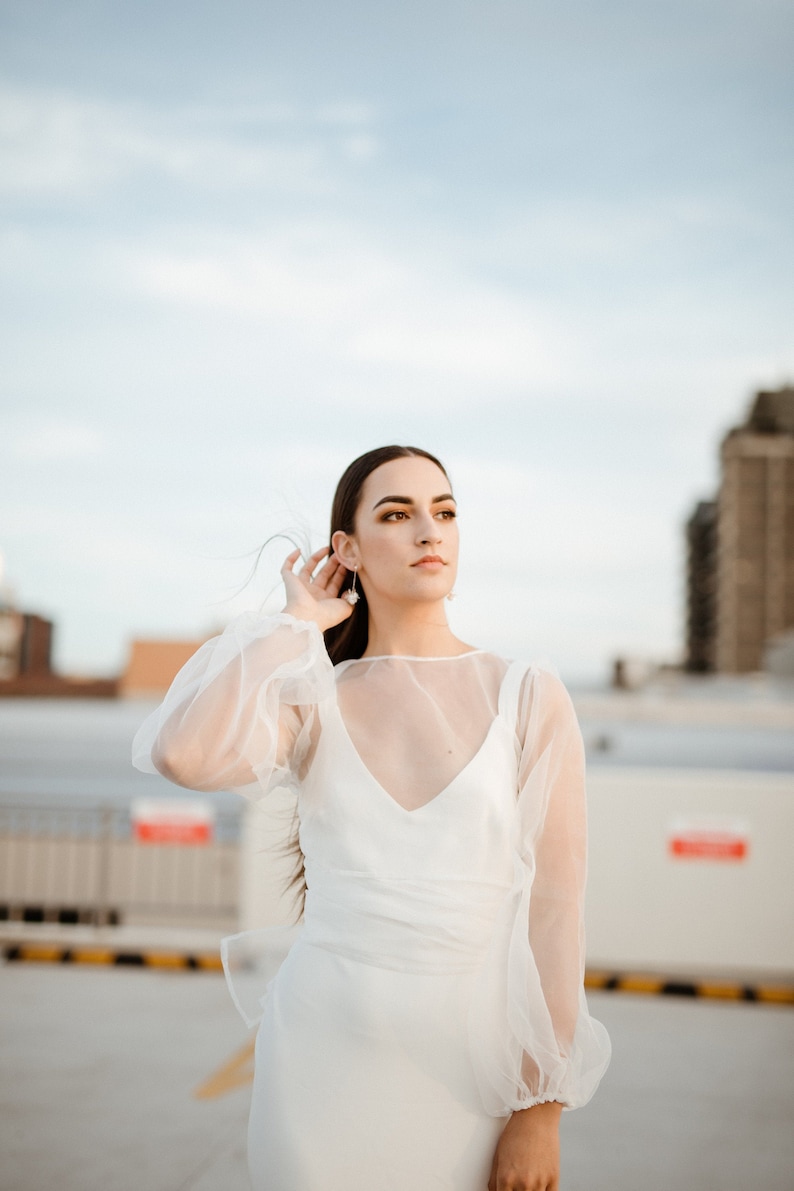 Sheer silk Organza Wrap Top with volume bishop sleeves. Modern Bridal Top image 1